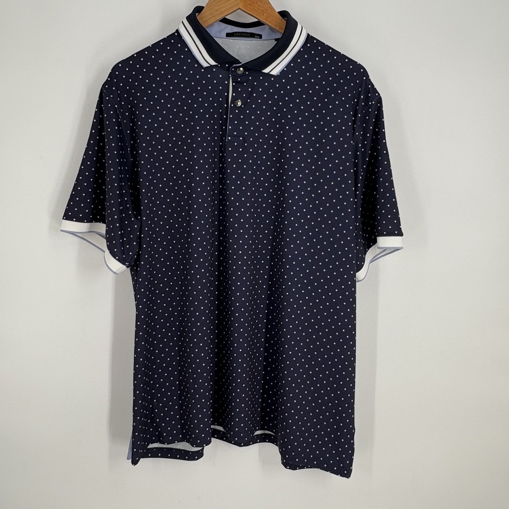 Greyson Polo Shirt Mens 2XL Navy Blue White Polka Dot Golf Performance Wolf Logo